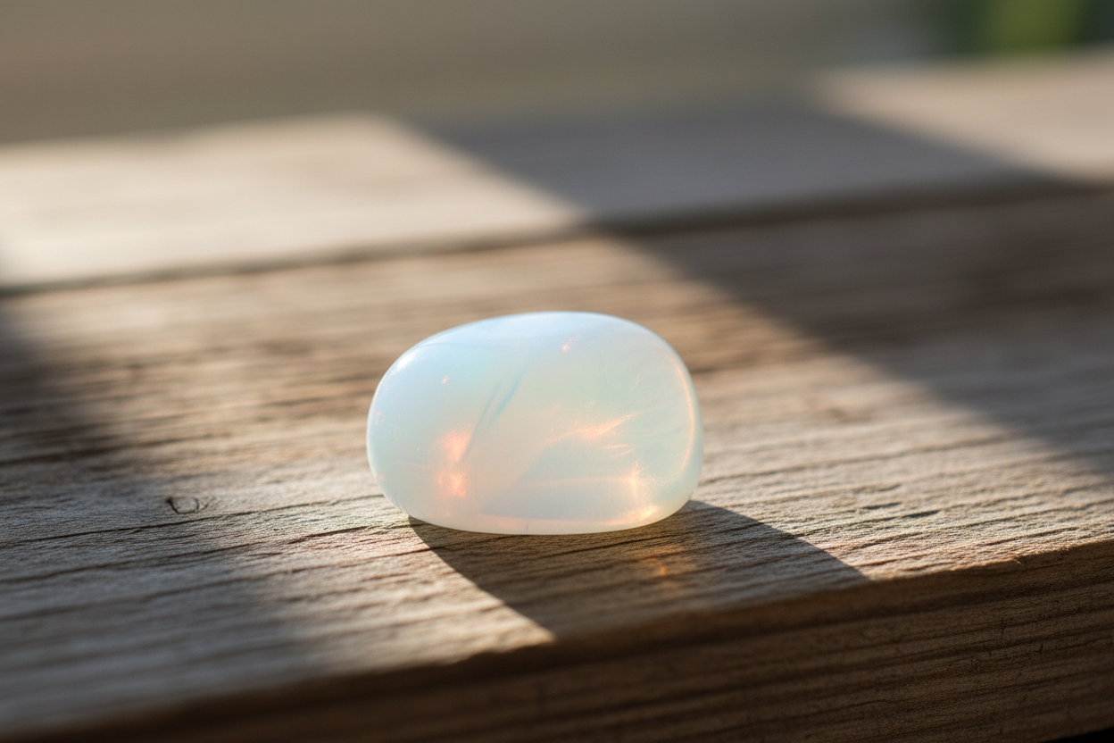 opaline of opaliet steen met glans op een houten plank in het zonlicht