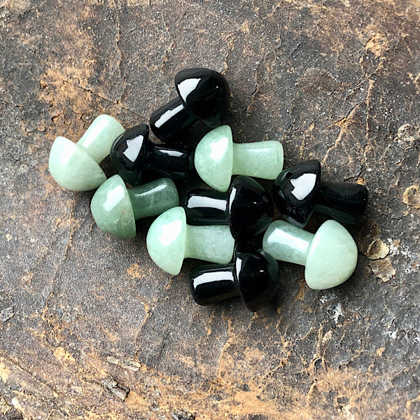 Aventurijn en Obsidiaan Kleine Paddestoel Koppeltje figuren paddenstoel gepolijst verzamel