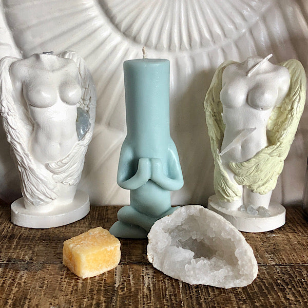 Boeddha Zen Groen Blauw Kaarsje met een halve mini geode setje mineralen