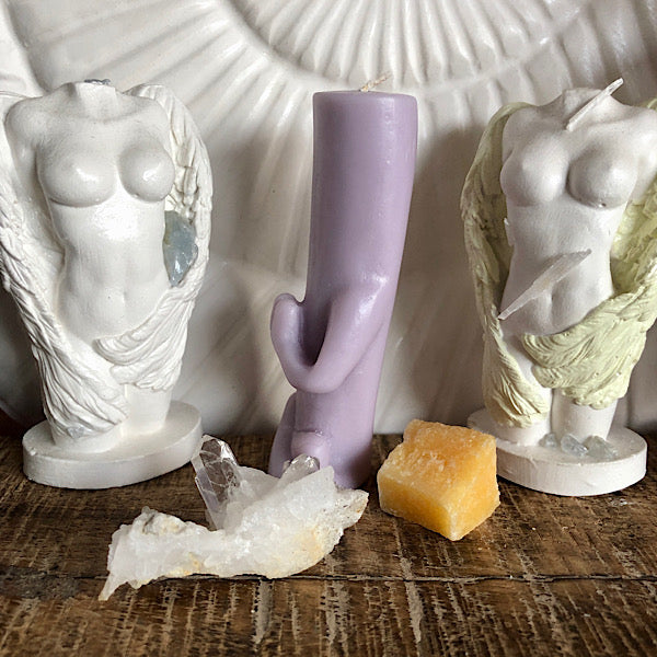 Boeddha Zen Lavendel Paars Kaarsje met Clustertje BergKristal setje mineralen