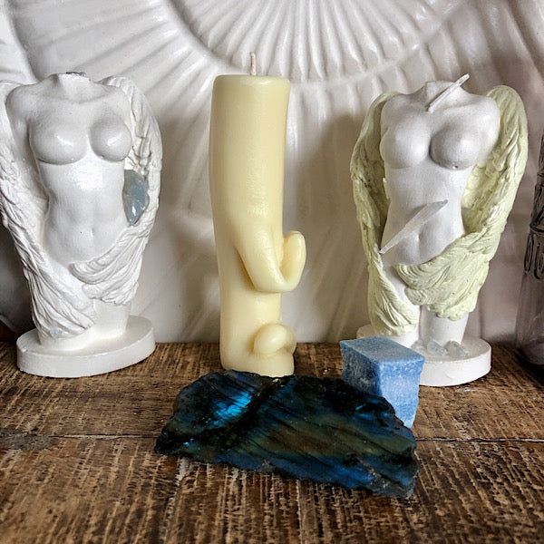 Boeddha Zen Zacht Geel Kaarsje met Labradoriet setje mineralen