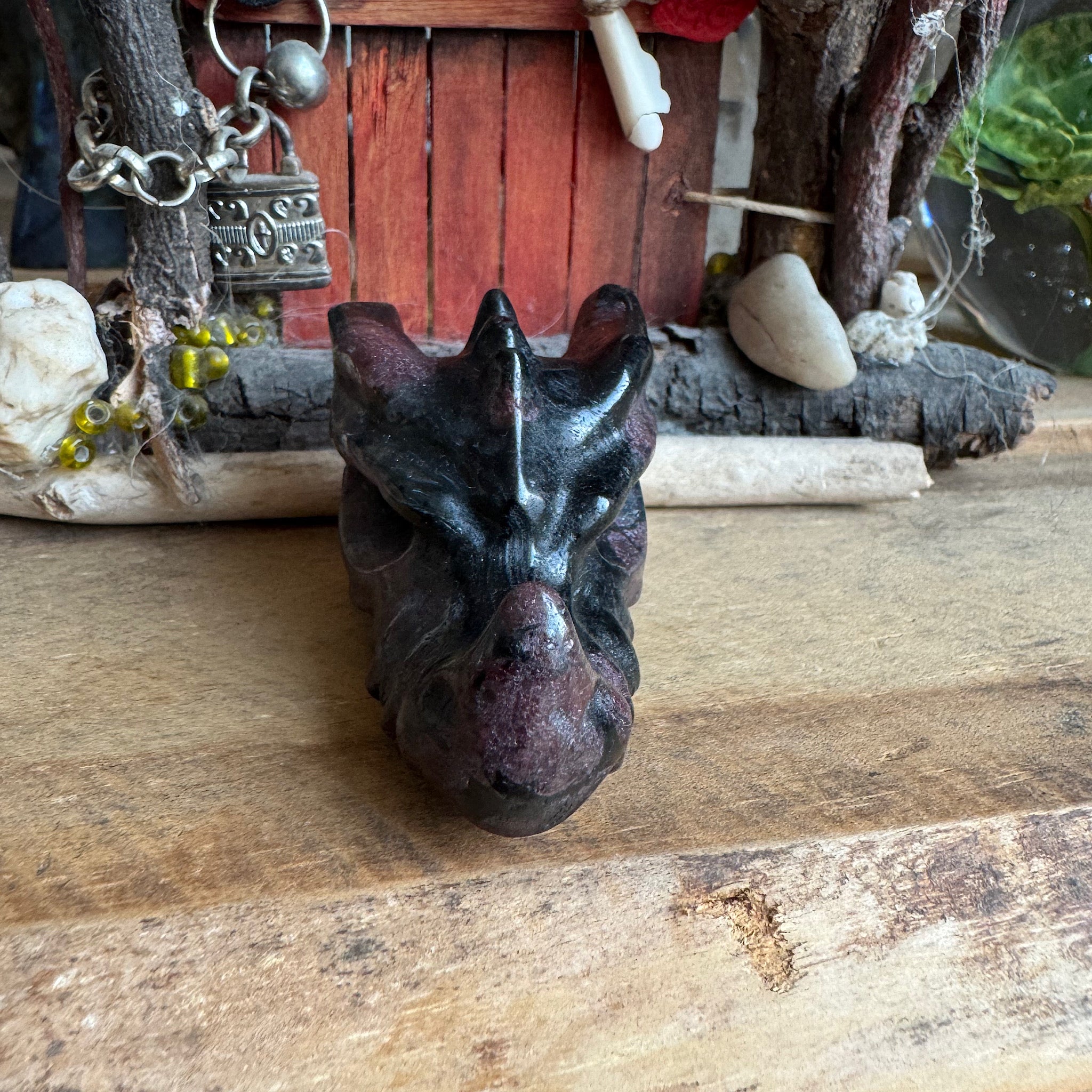 voor aangezicht een zwart paarse drakenschedel van granaat in biotiet