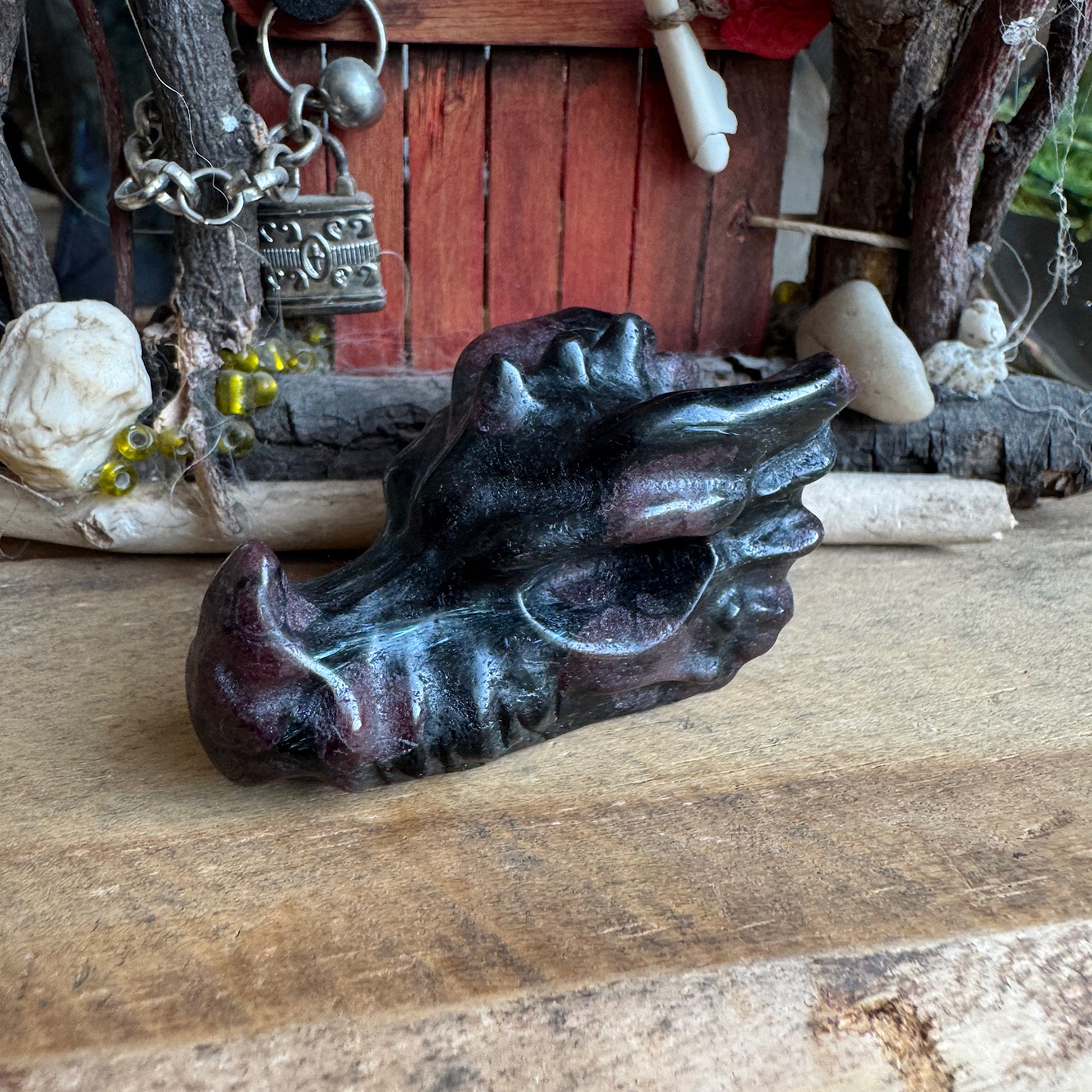 linker kant van een zwart paarse drakenschedel van granaat in biotiet