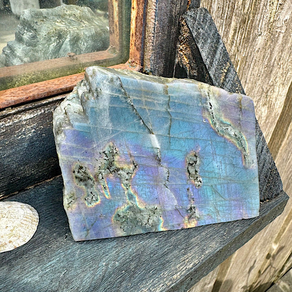 Labradoriet plak schijf sculptuur ruw en gepolijst nr1 edelstenenmineralenwinkel