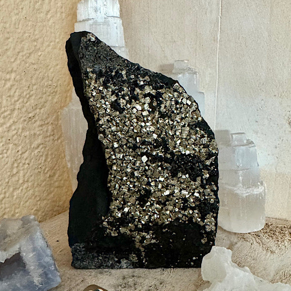 Pyriet op Shungiet Ruw C zwarte en gouden mineralen edelstenenmineralenwinkel.nl