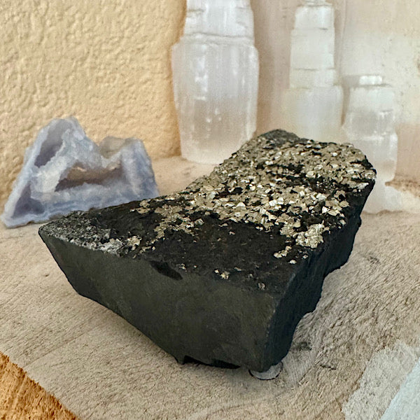 Pyriet op Shungiet Ruw C zwarte en gouden mineralen