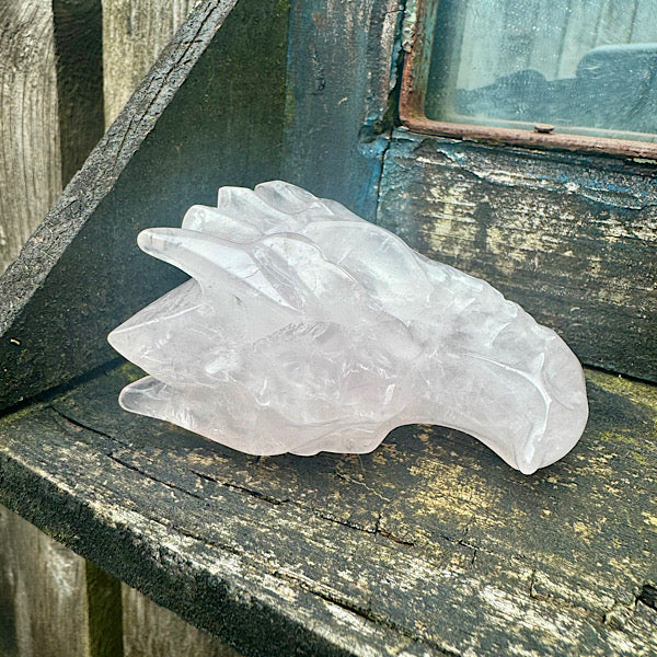 Draken schedel rozekwarts rozenkwarts skull edelstenenmineralenwinkel