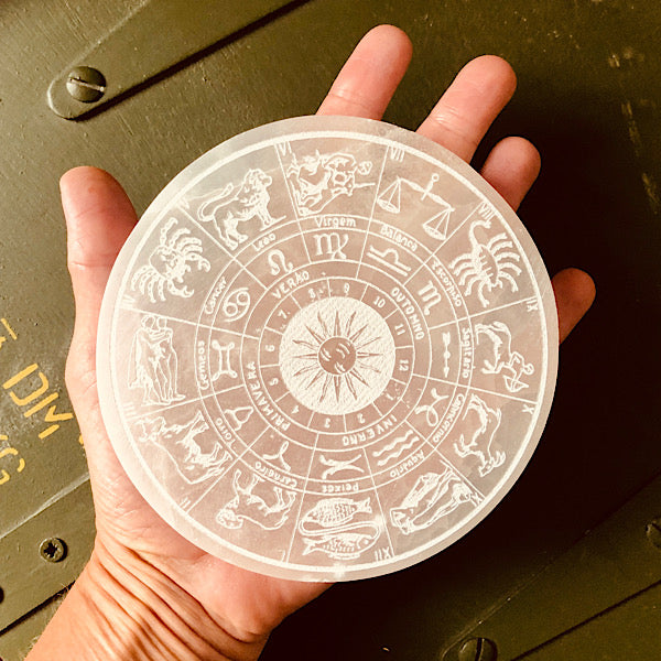 Seleniet rond schijf horoscopen zodiac kristallen mineralen disc plak