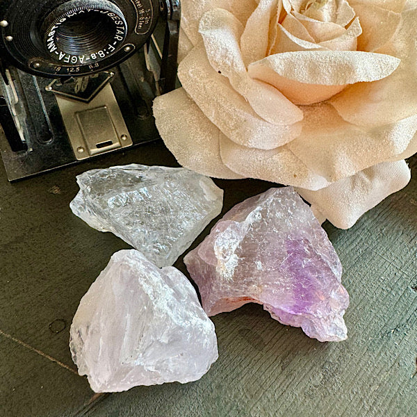 Setje Amethist BergKristal RozeKwarts Ruwe Brokjes Nr3 kristallen edelstenen mineralen winkel