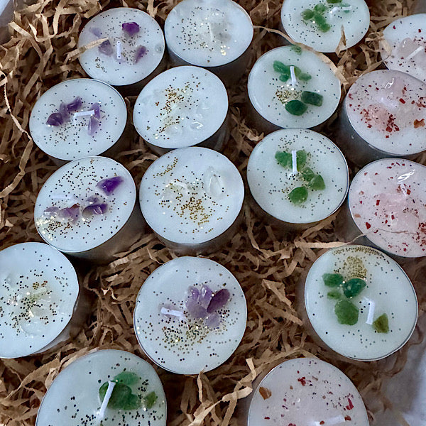 Waxinelichtje split edelstenen amethist bergkristal rozekwarts aventurijn