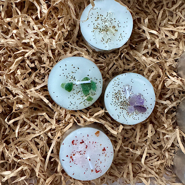 Waxinelichtje split edelstenen amethist bergkristal rozekwarts aventurijn