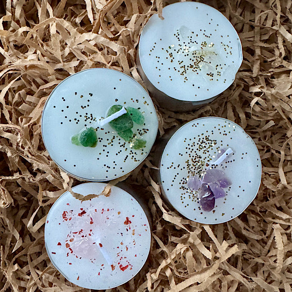 Waxinelichtje split edelstenen amethist bergkristal rozekwarts aventurijn