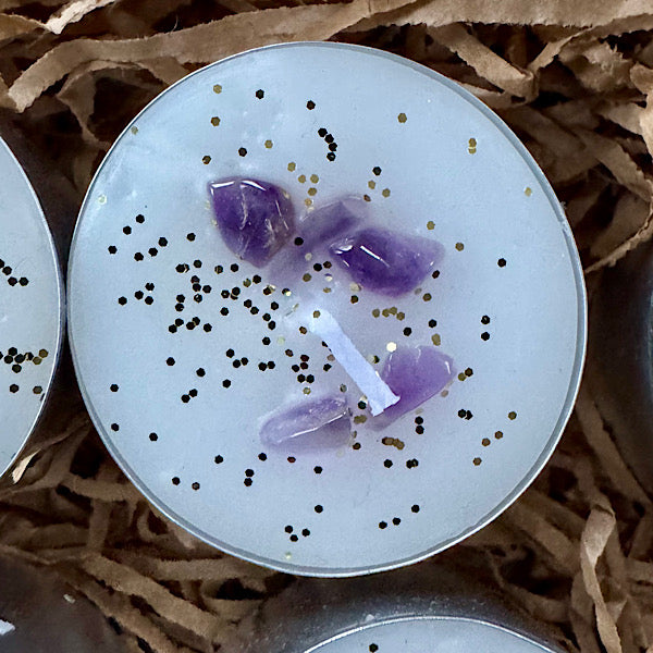 Waxinelichtje split edelstenen amethist bergkristal rozekwarts aventurijn