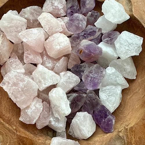 amethist bergkristal rozekwarts ruwe brokjes gouden driehoek kristallen edelstenen mineralen winkel