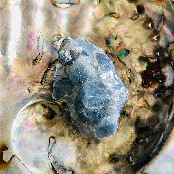 calciet blauw ruwe brokjes edelstenen mineralen winkel kristallen