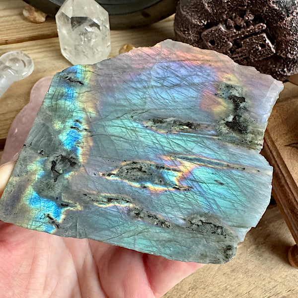 labradoriet plak ruw en gepolijst nr4 flash groen geel paars oranje blauw