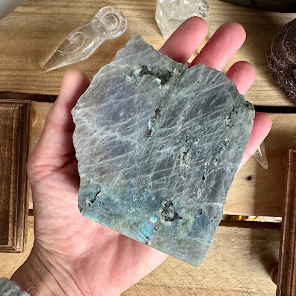 labradoriet plak ruw en gepolijst nr4 flash groen geel paars oranje blauw