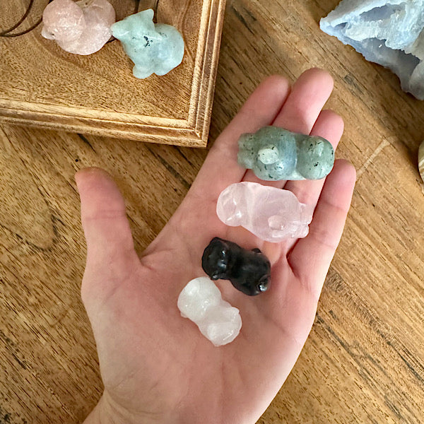 jade labradoriet rozekwarts obsidiaan figuurtjes wolf kat dikkie eend